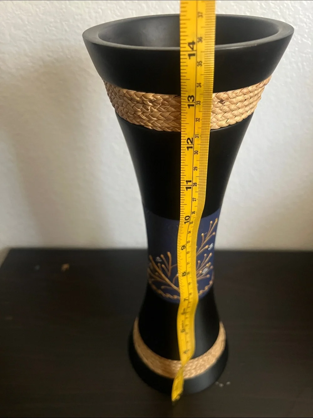 Decorative Black and Navy Hourglass Vase with Gold Detailing